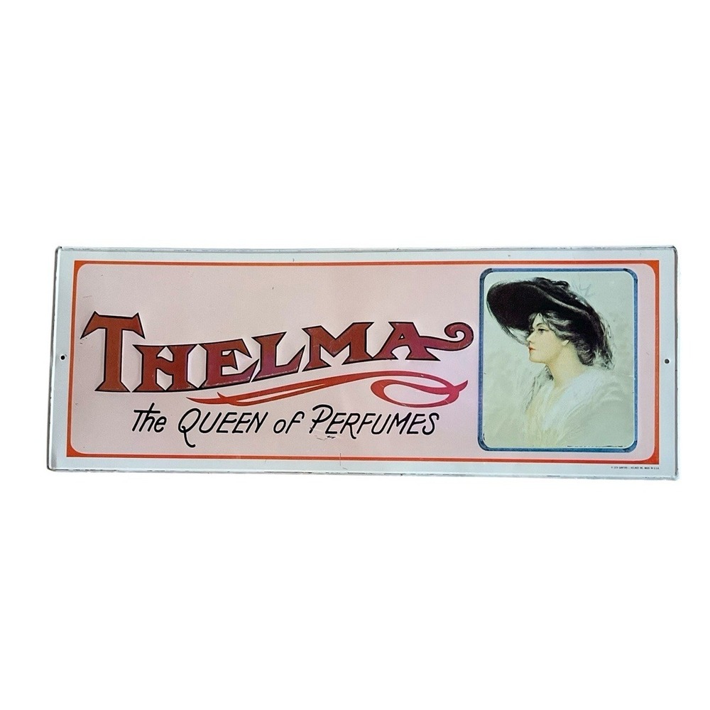 Vintage Thelma the Queen of Perfumes Embossed Tin Sign 1974 Sanford Heilner USA
